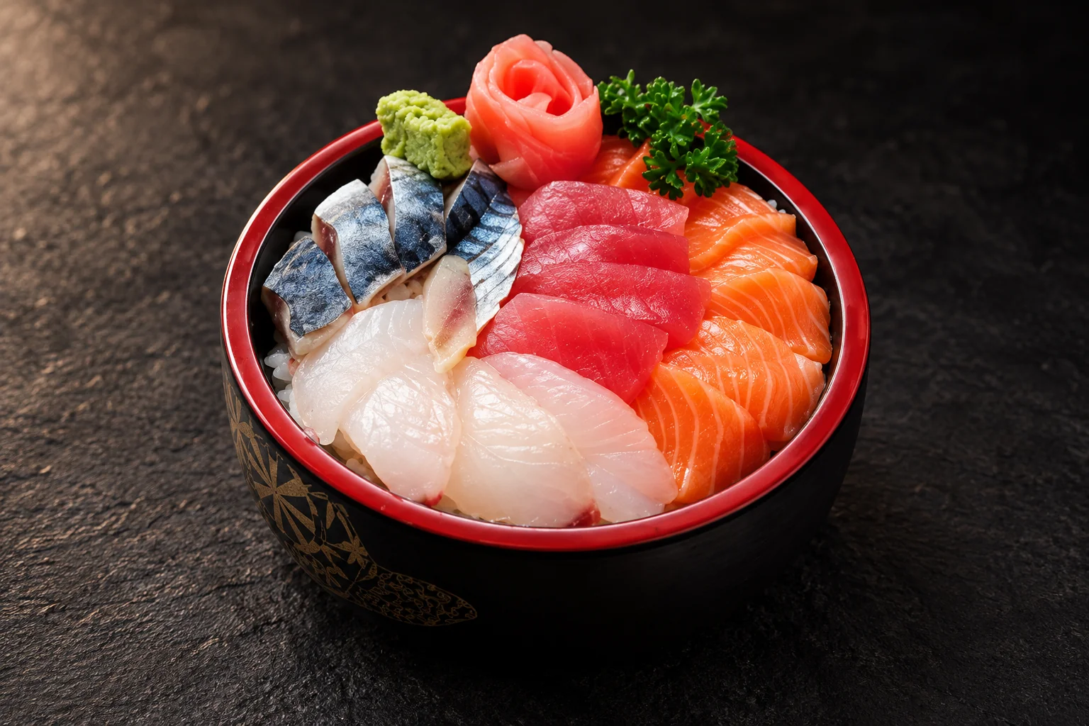 C3 Chirashi Assortiment in a black and red lacquered bowl, dark background.