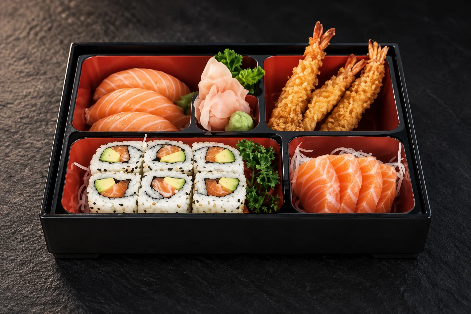 Bento 3 in a black and red bento box, dark background.