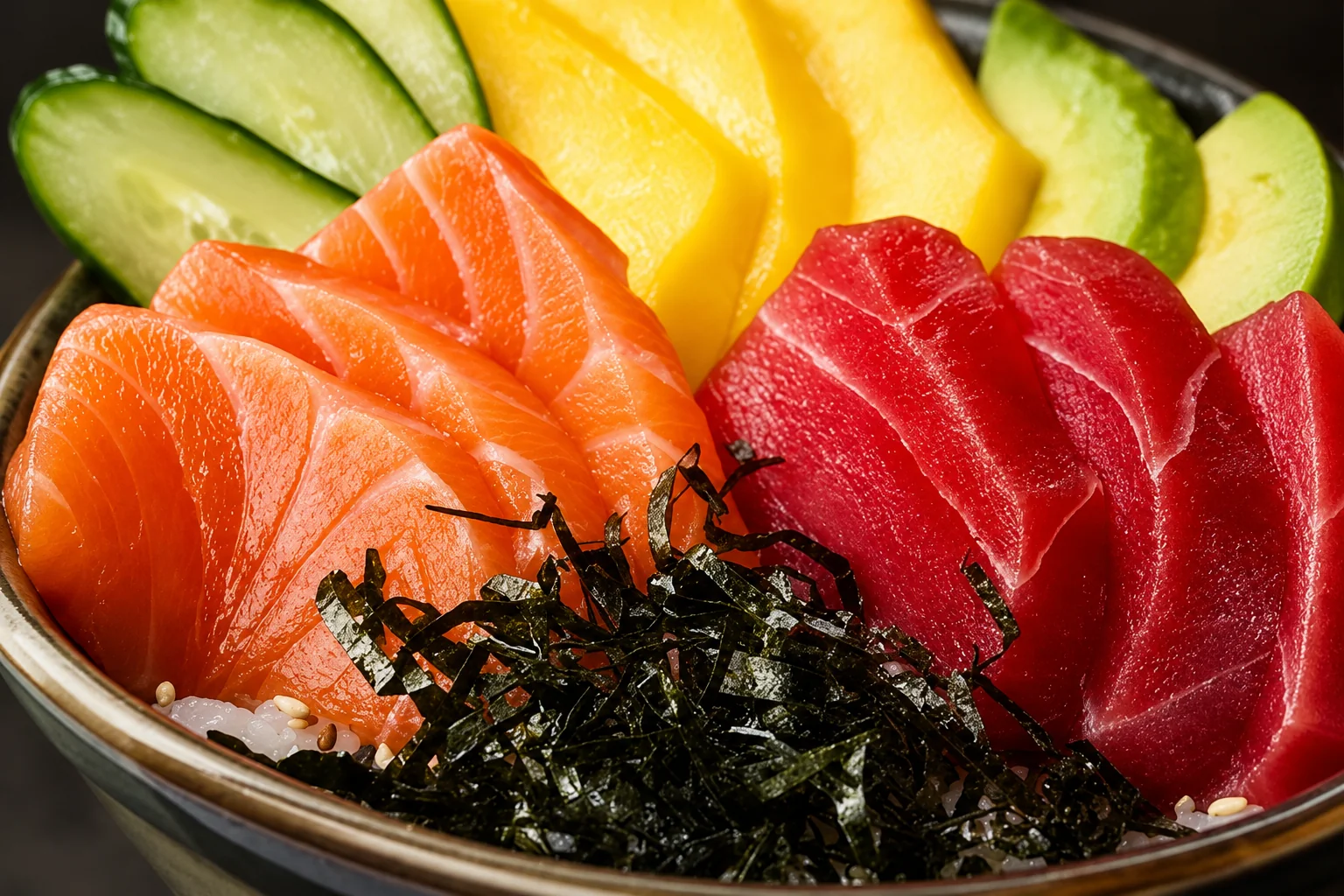 Raw fish in a bowl, dark background.