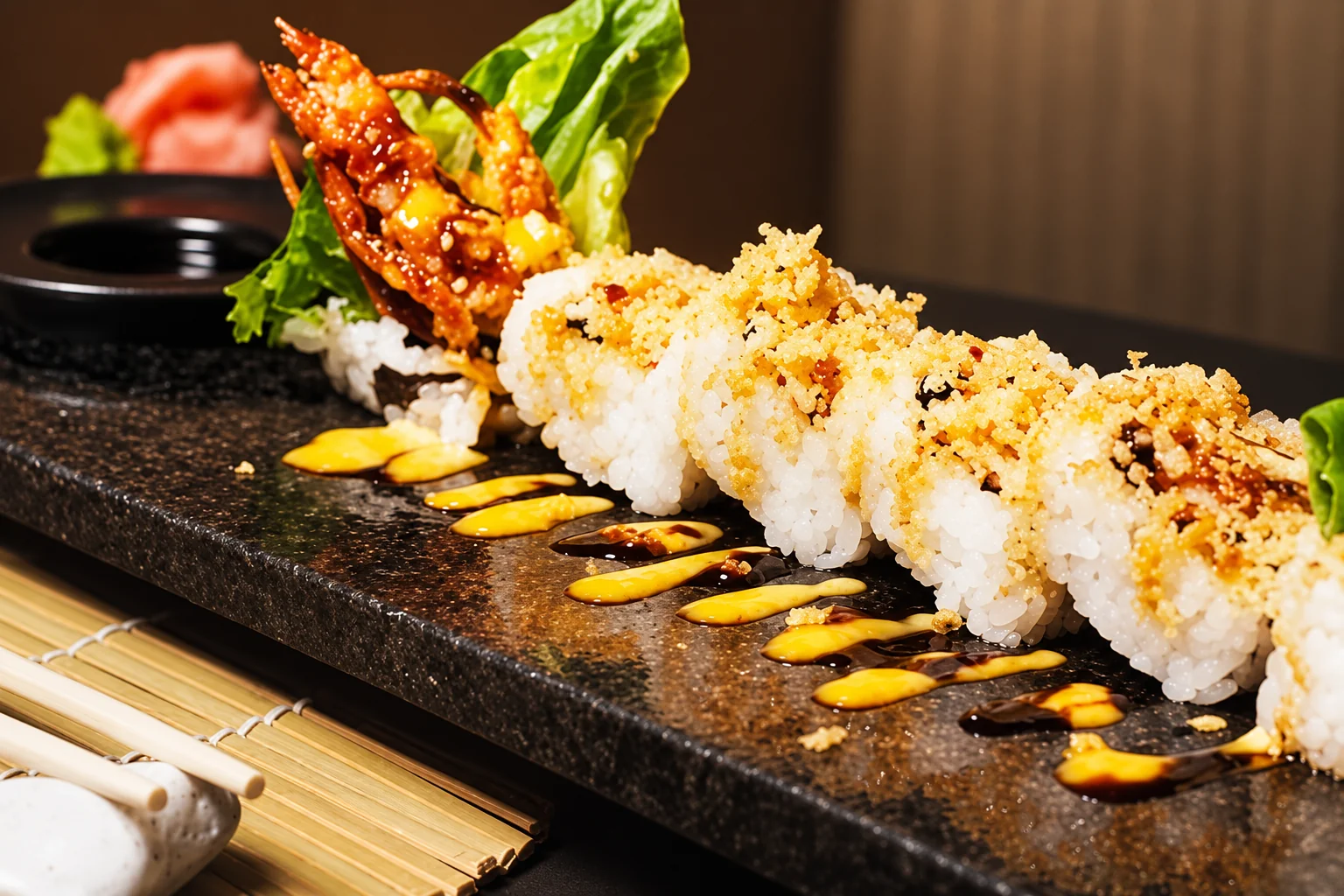 Roll on a dark stone plate, bamboo mat and chopsticks.