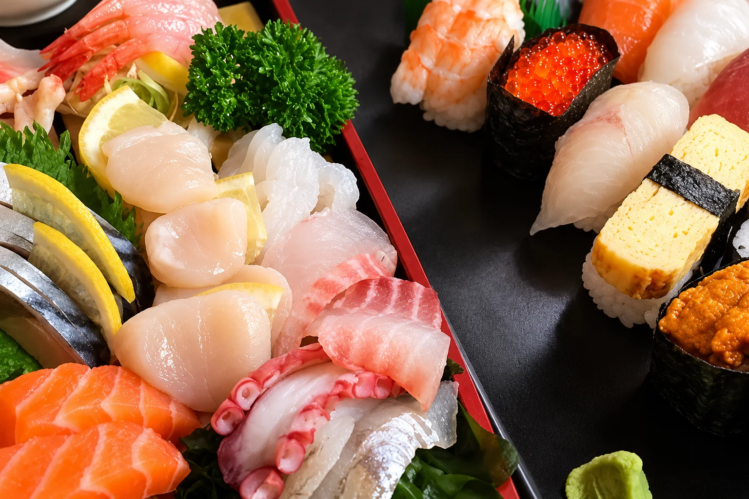 Sushi and sashimi on a black tray with a red rim.