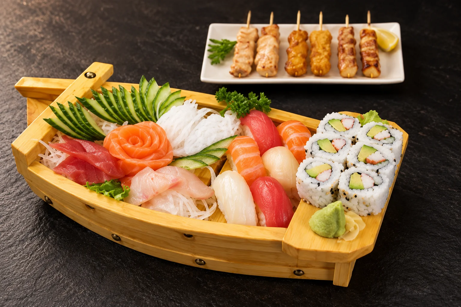 L1 HOKKAIDO in a wooden boat, skewers on a white plate behind, dark background.